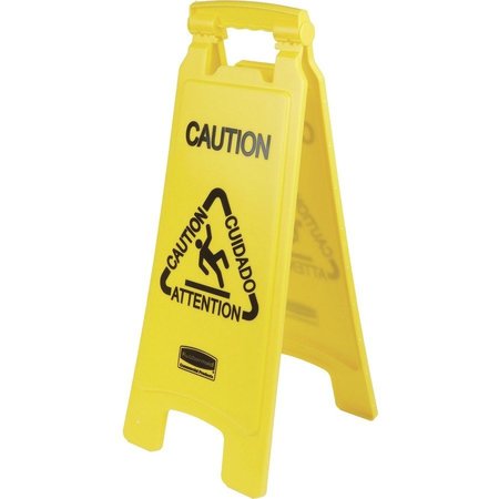 RUBBERMAID COMMERCIAL Multi-Lingual Caution Floor Sign, 25" Height, 11" Width, Plastic, Rectangular RCP611200YWCT